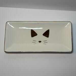 Cat Themed White & Gold Trinket Jewelry Dish Rectangular Ever Ellis